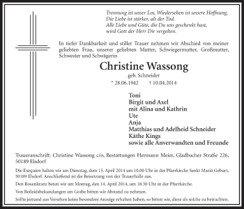 Anzeige von Christine Wassong von  Sonntags-Post 
