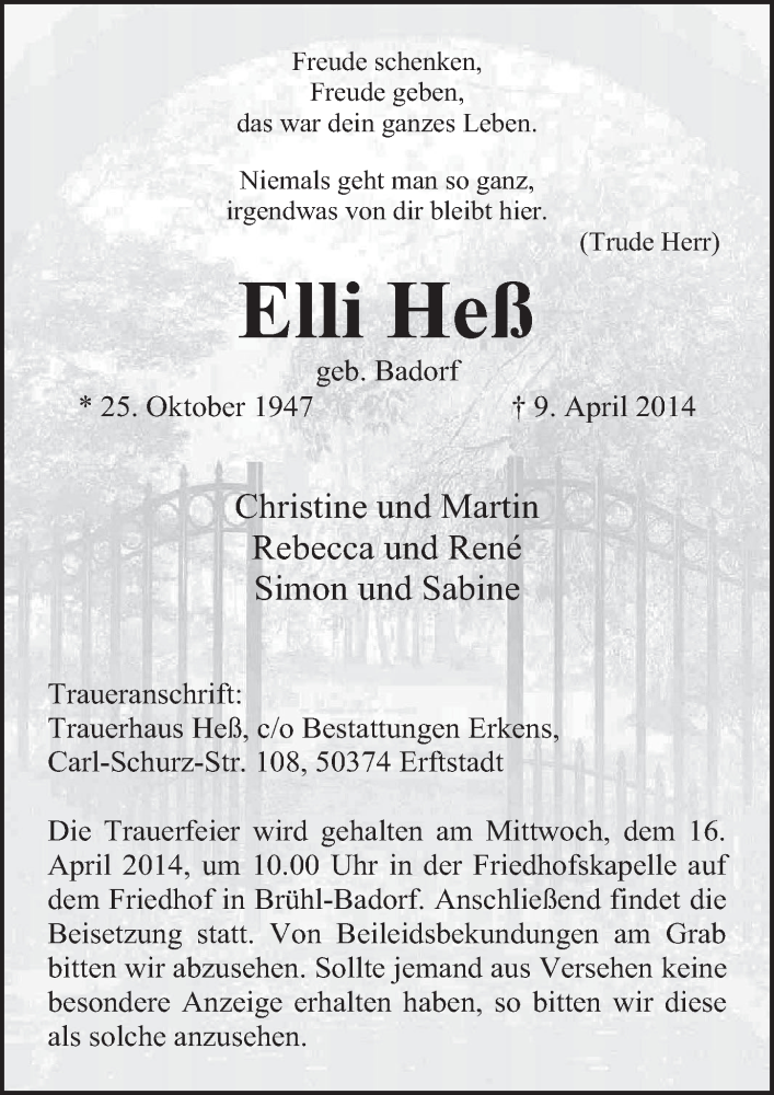  Traueranzeige für Elli Heß vom 13.04.2014 aus  Blickpunkt Euskirchen 