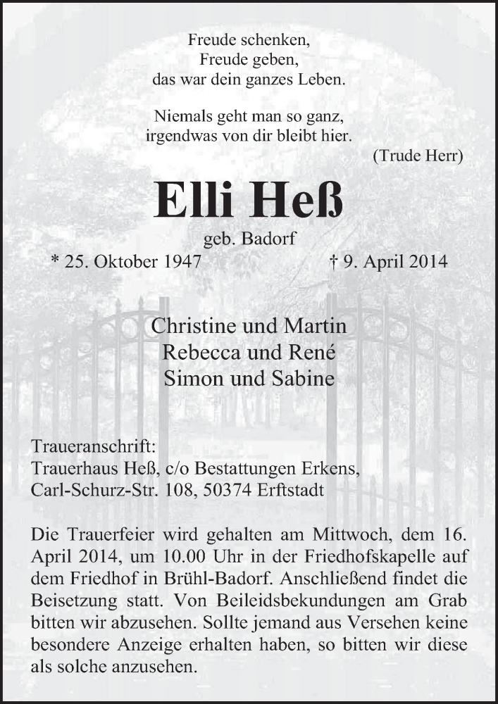 Traueranzeige für Elli Heß vom 16.04.2014 aus  Schlossbote/Werbekurier 