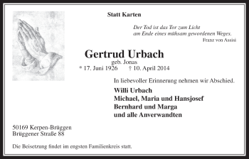 Anzeige von Gertrud Urbach von  Werbepost 