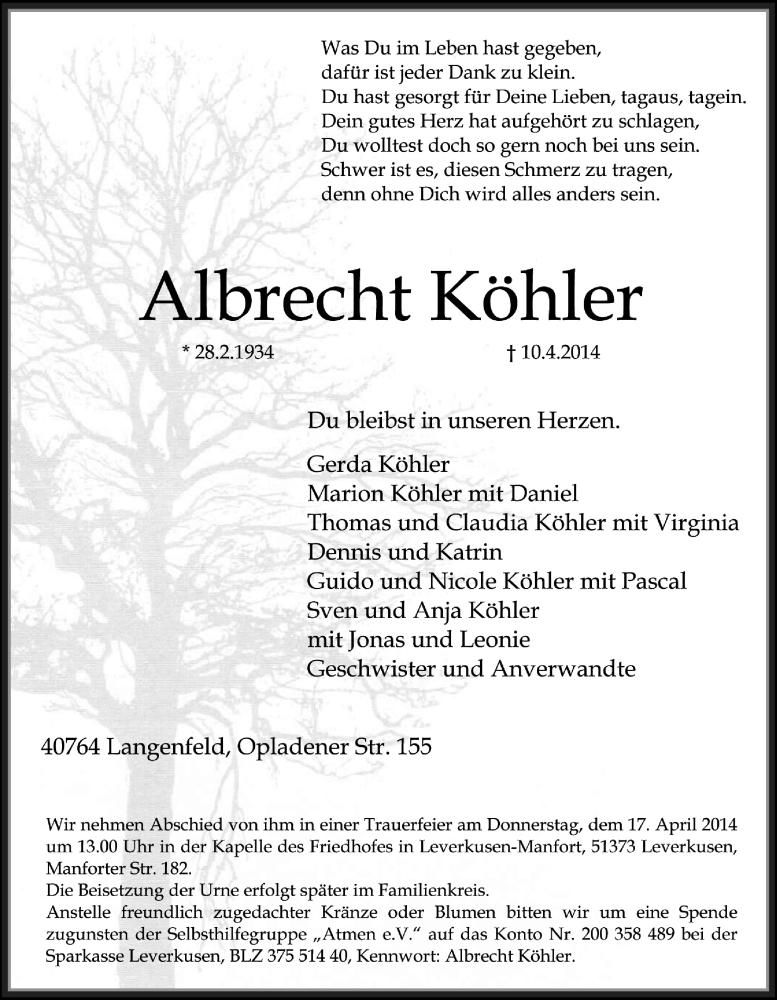  Traueranzeige für Albrecht Köhler vom 16.04.2014 aus  Lokale Informationen 