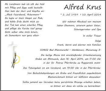 Anzeige von Alfred Krus von  Blickpunkt Euskirchen 