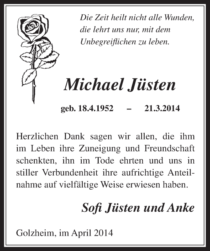  Traueranzeige für Michael Jüsten vom 16.04.2014 aus  Werbepost 