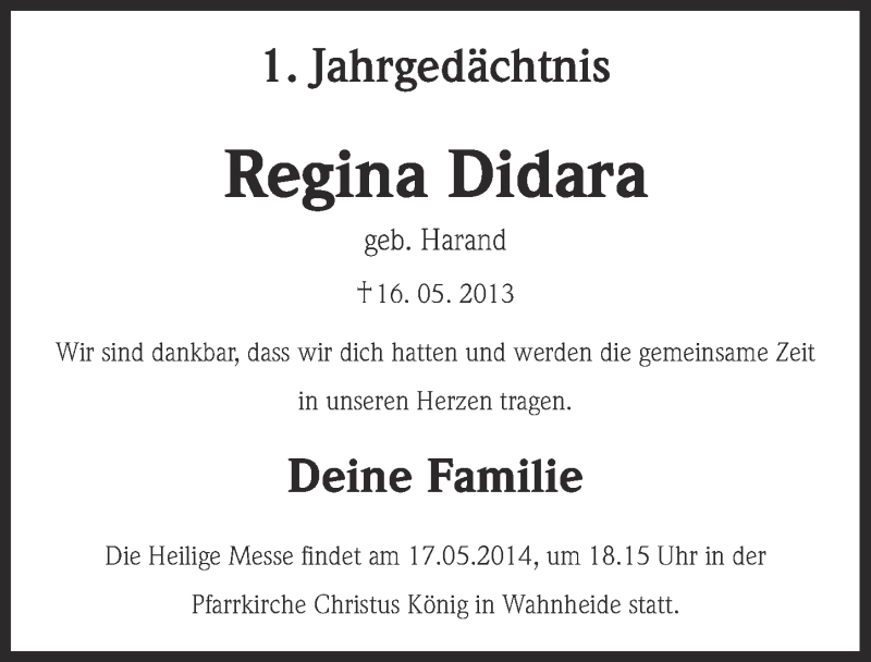  Traueranzeige für Regina Didara vom 07.05.2014 aus  Kölner Wochenspiegel 