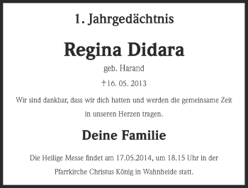 Anzeige von Regina Didara von  Kölner Wochenspiegel 