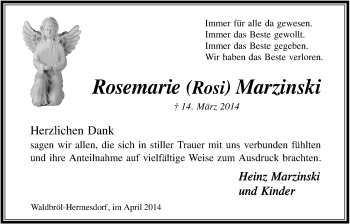 Anzeige von Rosemarie Marzinski von  Lokalanzeiger 