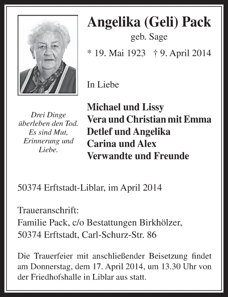  Traueranzeige für Angelika  Pack vom 16.04.2014 aus  Werbepost 