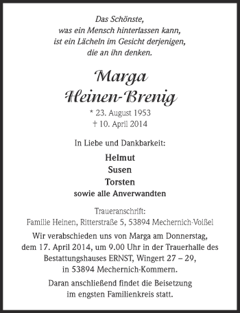 Anzeige von Marga Heinen-Brenig von  Blickpunkt Euskirchen 