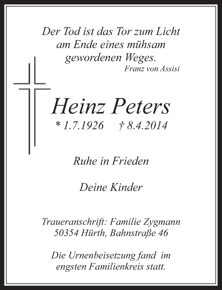  Traueranzeige für Heinz Peters vom 23.04.2014 aus  Wochenende 