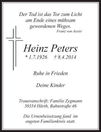 Anzeige von Heinz Peters von  Wochenende 