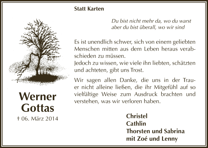  Traueranzeige für Werner Gottas vom 16.04.2014 aus  Anzeigen Echo 