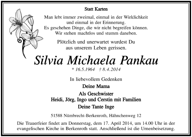  Traueranzeige für Silvia Michaela Pankau vom 16.04.2014 aus  Lokalanzeiger 