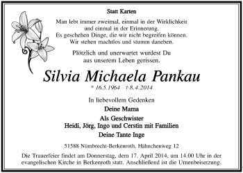 Anzeige von Silvia Michaela Pankau von  Lokalanzeiger 