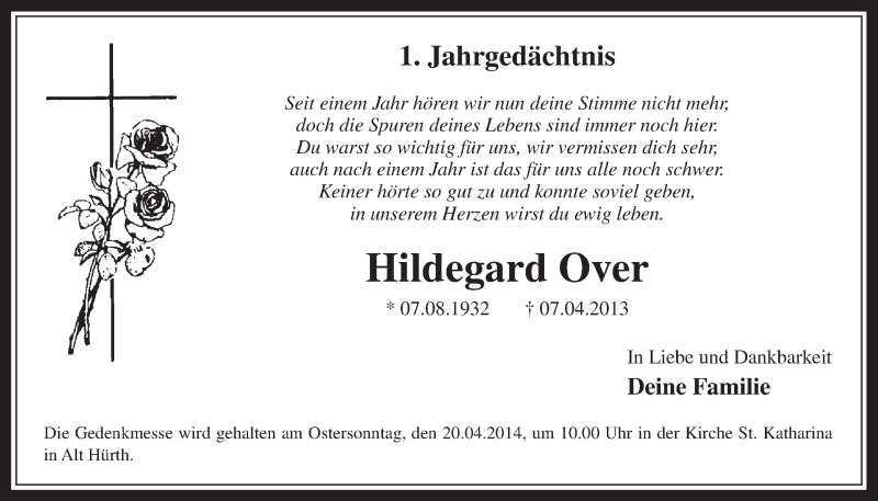 Traueranzeige für Hildegard Over vom 16.04.2014 aus  Wochenende 