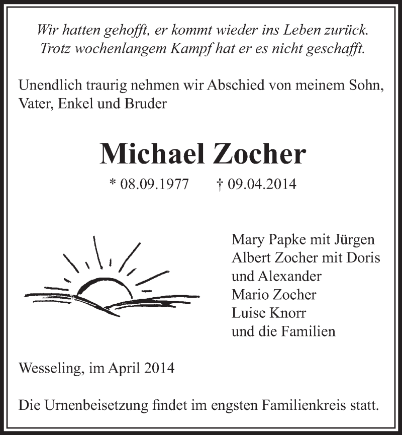  Traueranzeige für Michael Zocher vom 16.04.2014 aus  Schlossbote/Werbekurier 