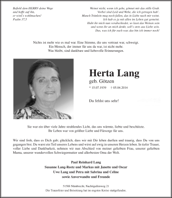 Anzeige von Herta Lang von  Lokalanzeiger 