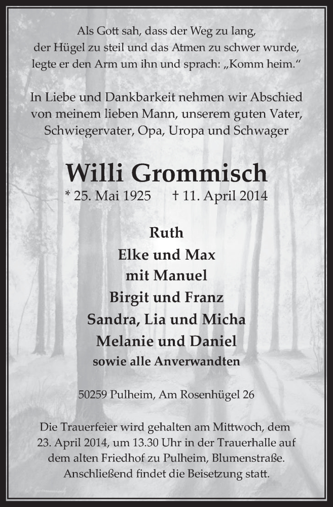  Traueranzeige für Willi Grommisch vom 16.04.2014 aus  Wochenende 