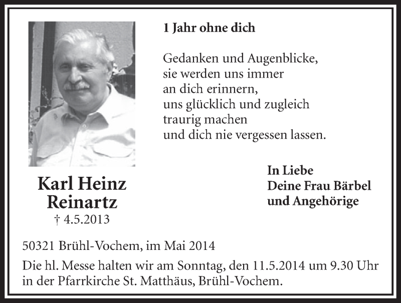  Traueranzeige für Karl Heinz Reinartz vom 30.04.2014 aus  Schlossbote/Werbekurier 