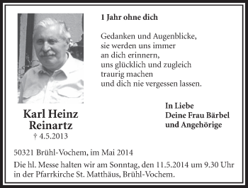 Anzeige von Karl Heinz Reinartz von  Schlossbote/Werbekurier 