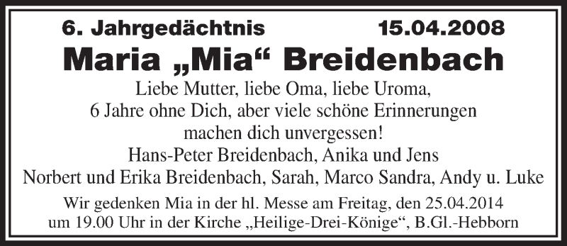  Traueranzeige für Maria Breidenbach vom 16.04.2014 aus  Bergisches Handelsblatt 