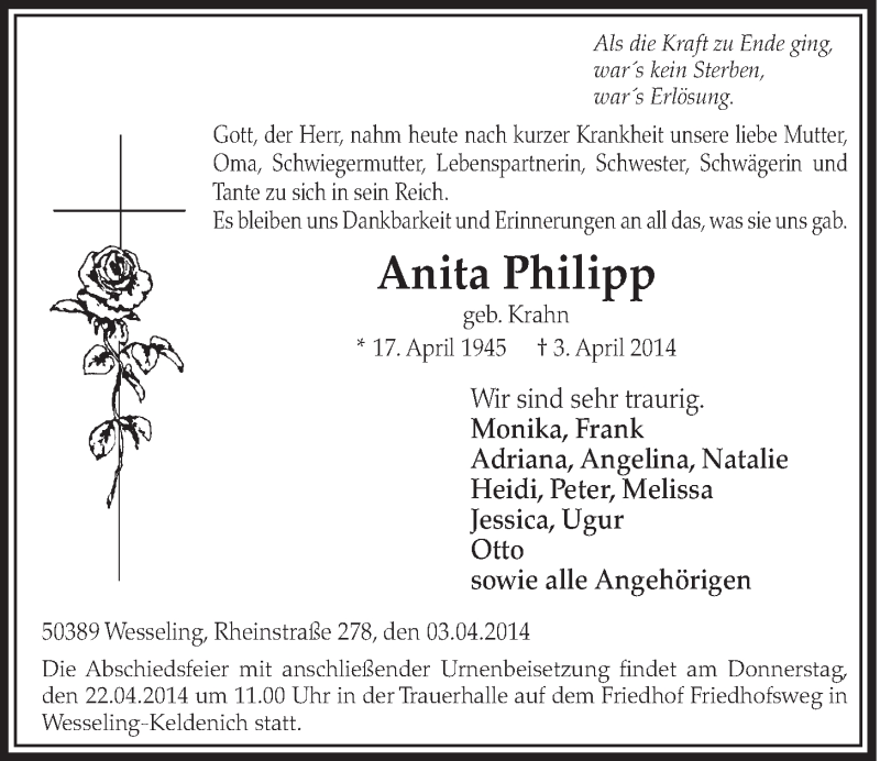  Traueranzeige für Anita Philipp vom 16.04.2014 aus  Schlossbote/Werbekurier 