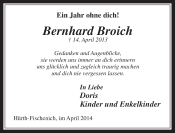 Anzeige von Bernhard Broich von  Wochenende 