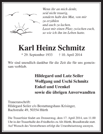 Anzeige von Karl-Heinz Schmitz von  Wochenende 