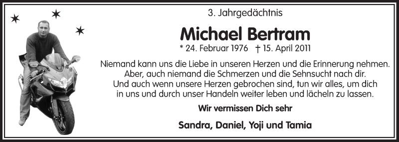  Traueranzeige für Michael Bertram vom 16.04.2014 aus  Bergisches Handelsblatt 