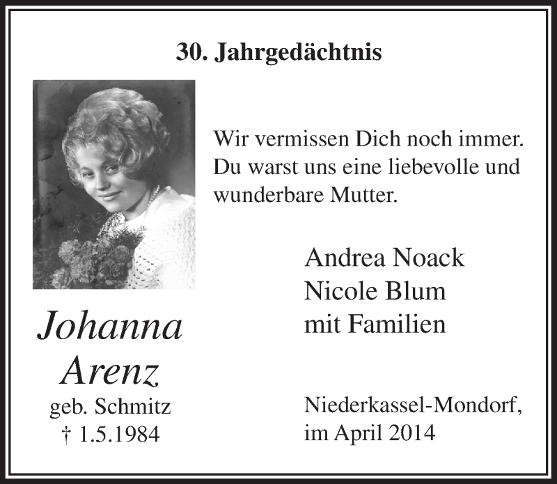  Traueranzeige für Johanna Arenz vom 30.04.2014 aus  Extra Blatt 