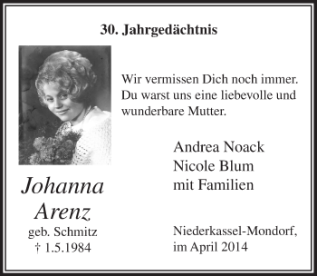 Anzeige von Johanna Arenz von  Extra Blatt 