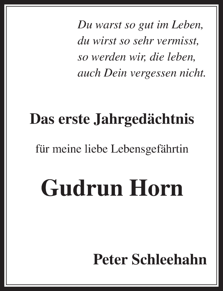  Traueranzeige für Gudrun Horn vom 19.04.2014 aus  Sonntags-Post 