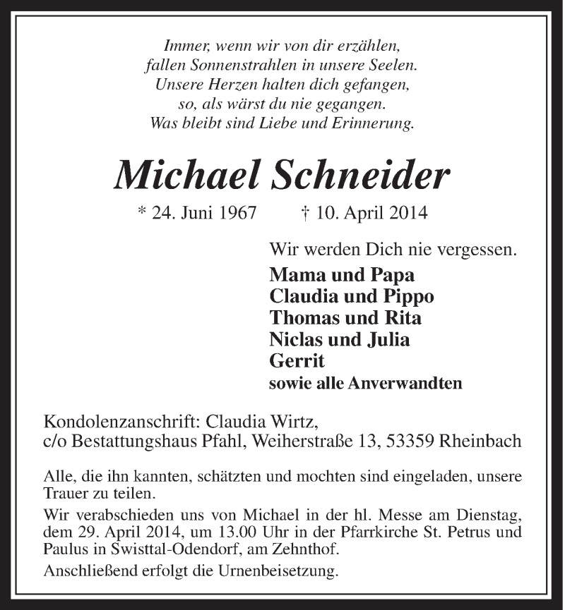  Traueranzeige für Michael Schneider vom 23.04.2014 aus  Schaufenster/Blickpunkt 