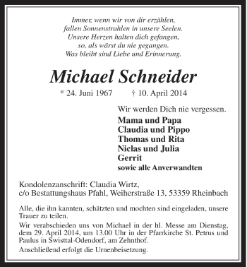 Anzeige von Michael Schneider von  Schaufenster/Blickpunkt 