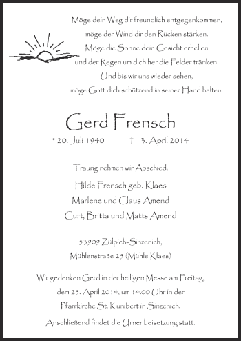 Anzeige von Gerd Frensch von  Blickpunkt Euskirchen 