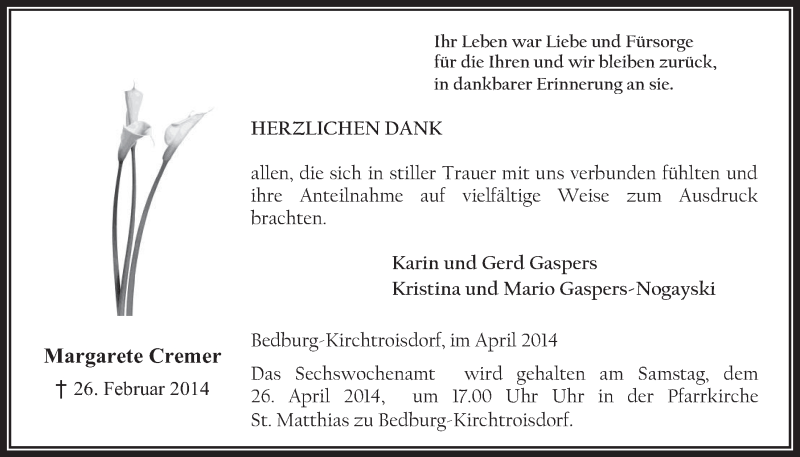  Traueranzeige für Margarete Cremer vom 23.04.2014 aus  Werbepost 