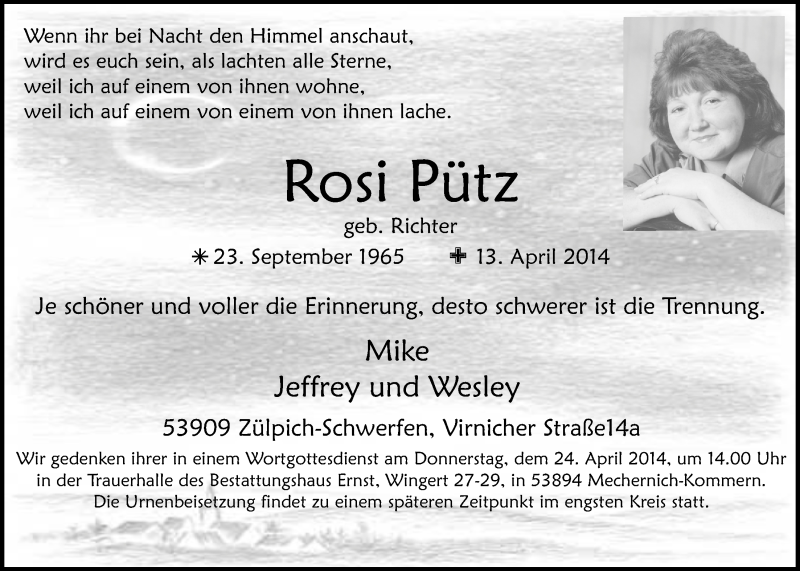  Traueranzeige für Rosi Pütz vom 20.04.2014 aus  Blickpunkt Euskirchen 