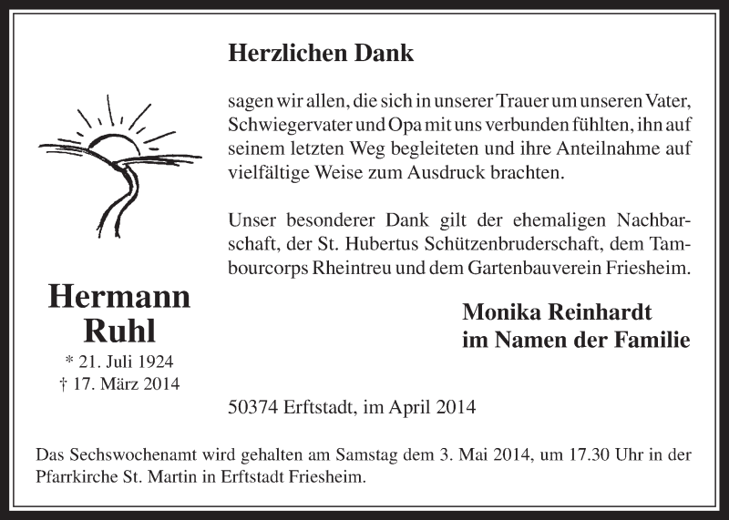  Traueranzeige für Hermann Ruhl vom 30.04.2014 aus  Werbepost 