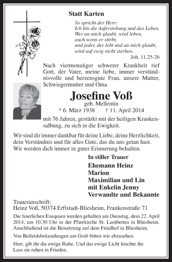 Anzeige von Josefine Voß von  Sonntags-Post 