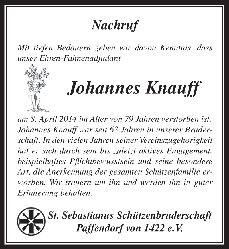  Traueranzeige für Johannes Knauff vom 23.04.2014 aus  Werbepost 