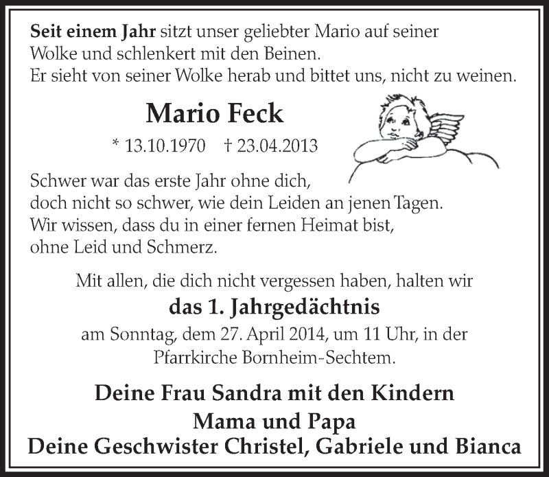  Traueranzeige für Mario Feck vom 23.04.2014 aus  Schlossbote/Werbekurier 