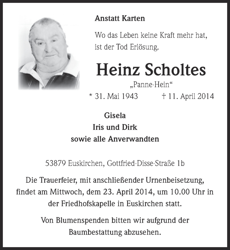  Traueranzeige für Heinz Scholtes vom 20.04.2014 aus  Blickpunkt Euskirchen 