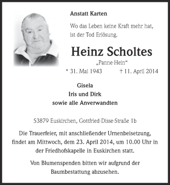 Anzeige von Heinz Scholtes von  Blickpunkt Euskirchen 
