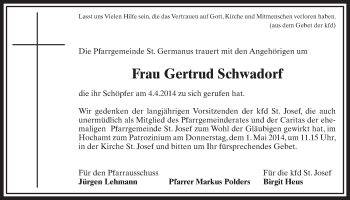 Anzeige von Gertrud Schwadorf von  Schlossbote/Werbekurier 
