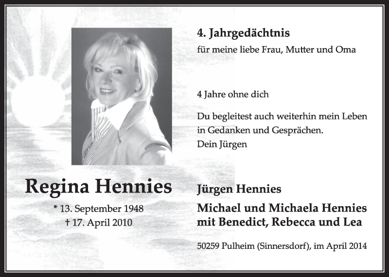  Traueranzeige für Regina Hennies vom 19.04.2014 aus  Sonntags-Post 