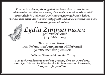 Anzeige von Lydia Zimmermann von  Sonntags-Post 