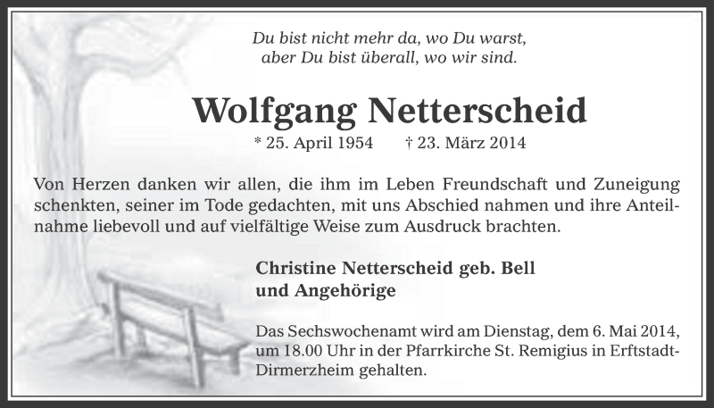  Traueranzeige für Wolfgang Netterscheid vom 23.04.2014 aus  Werbepost 