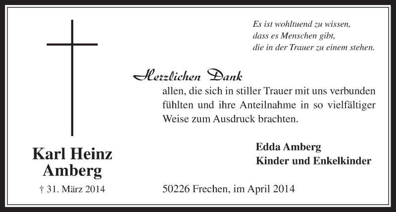  Traueranzeige für Karl Heinz Amberg vom 23.04.2014 aus  Wochenende 