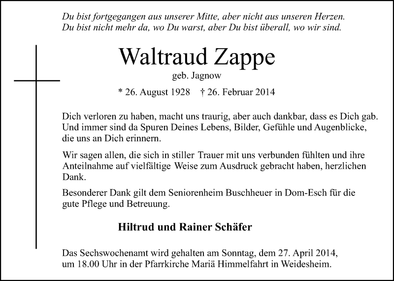  Traueranzeige für Waltraud Zappe vom 20.04.2014 aus  Blickpunkt Euskirchen 