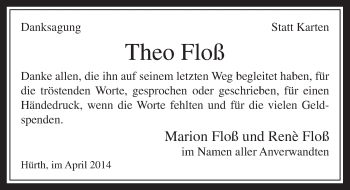 Anzeige von Theo Floß von  Wochenende 