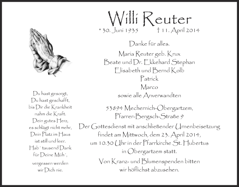  Traueranzeige für Willi Reuter vom 20.04.2014 aus  Blickpunkt Euskirchen 